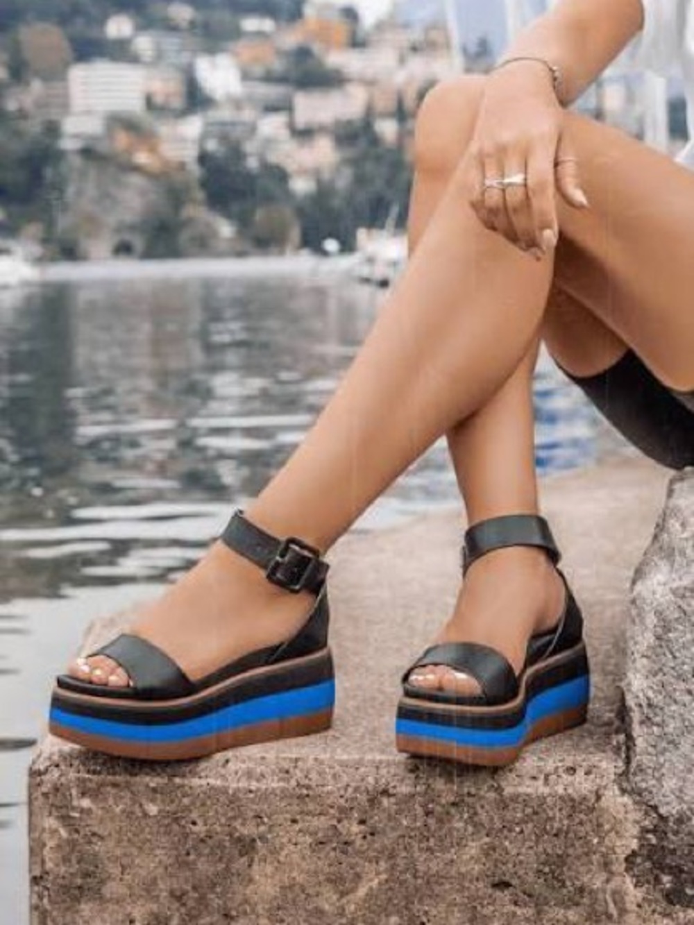 Naked Feet Black Platform Sandals with Blue Accent